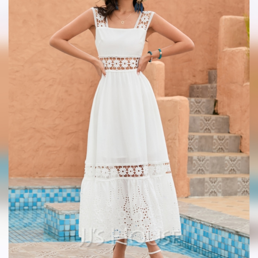 JJ's House Square Neck sleevless white cotton A Line dress